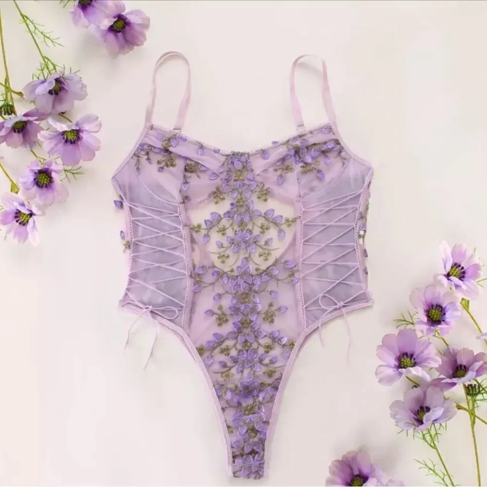 new,embroidered slim tulle bodysuit
